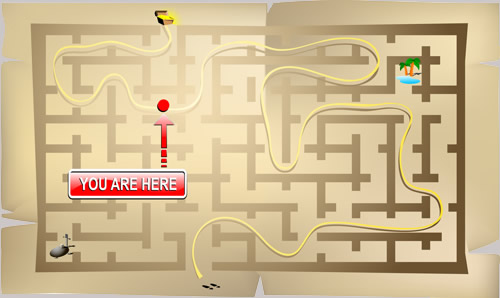 A maze with very complex route outlined through, and You Are Here in the midst of it